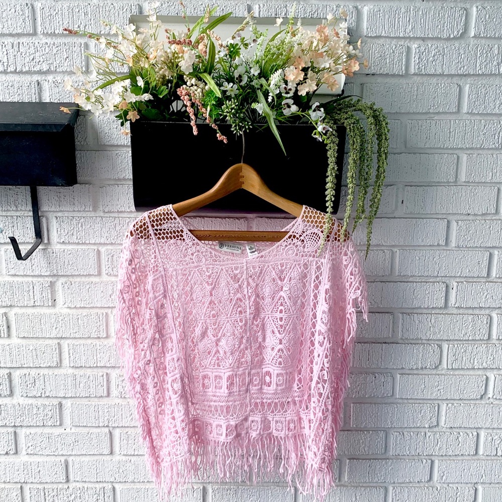 Versona Pink Lace Coverup With Fringe Size Small